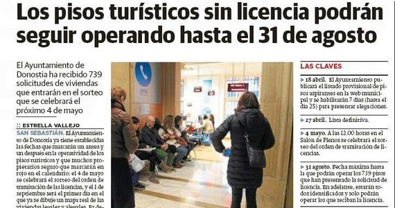 Donostiako Udalak, lizentziarik gabe ere, abuztuaren 31a arte jarduteko aukera emango omen die Pisu Turistikoei