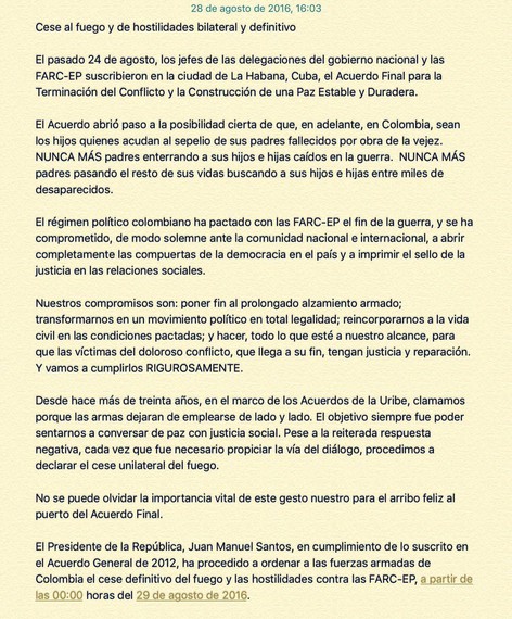 Kolonbian 50 urteko gerrari amaiera eman dion agiria