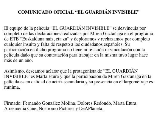 Euskal aktore baten kontra, El Guardian Invisible filmeko taldeak sinatua
