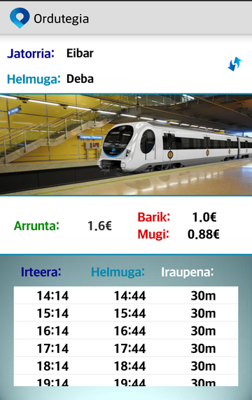 "EuskoTrena" aplikazioa, tren-ordutegiak sakelekoan