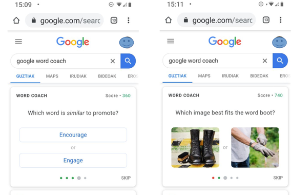 Google Word Coach, ingelesa hobetzeko "Egunean Behin" moduko bat