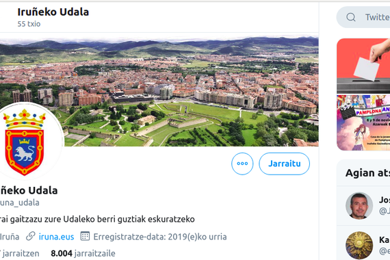 Iruñeko Udalaren euskarazko Twitter kontuak milaka jarraitzaile lortu ditu