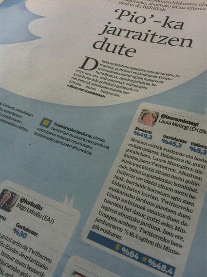Euskal politikari elebidunek nagusiki erdaraz jarduten dute Twitterren