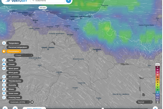 Ventusky, kalitate grafiko handiko eguraldi mapa